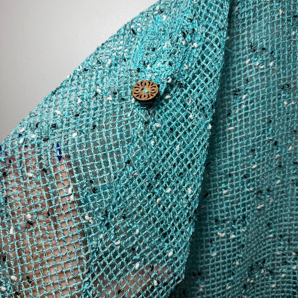 LULU B Sz Large Aqua‎ Mesh Short Sleeve Oversized Cardigan w/Huge Buttons Beachy